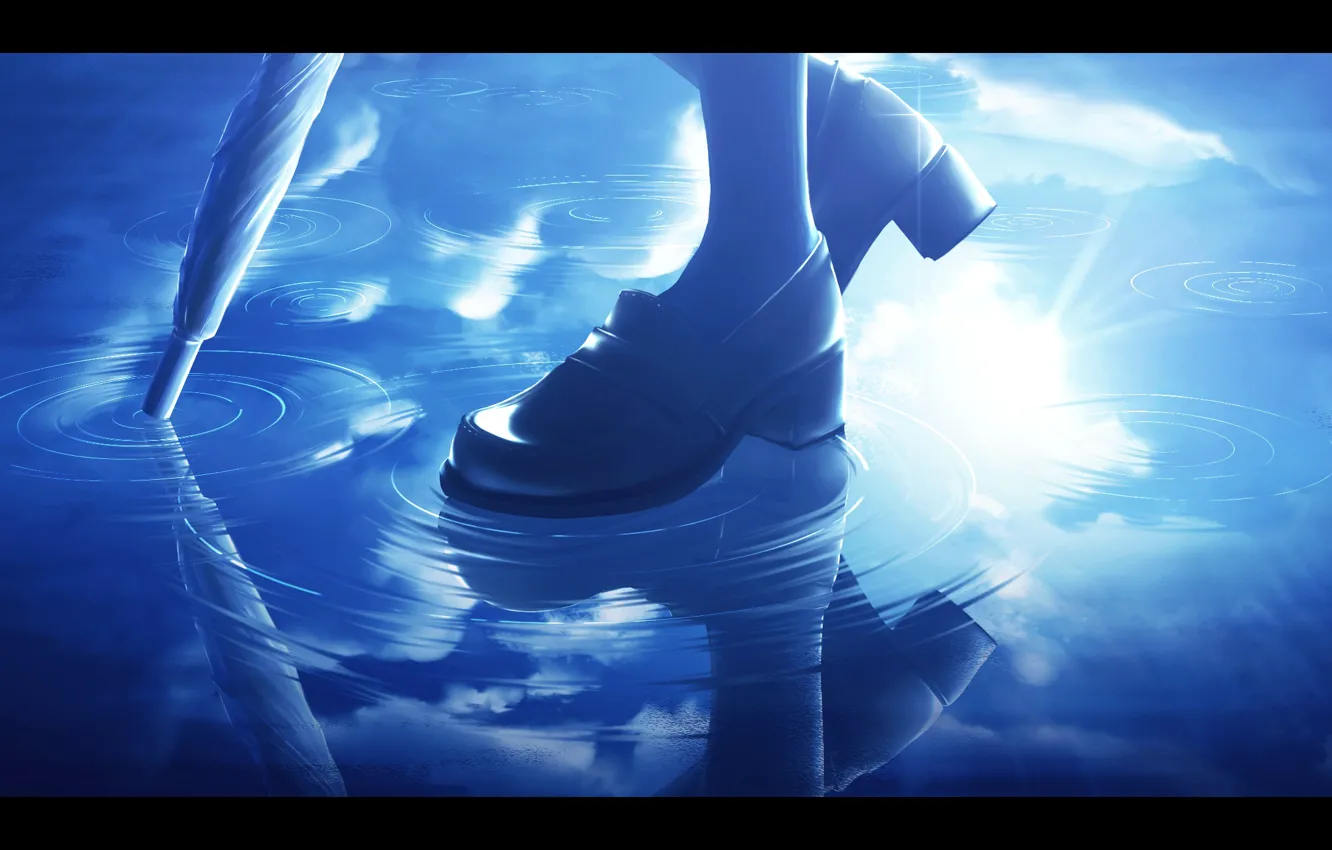 Photo wallpaper the sky, girl, reflection, umbrella, puddle