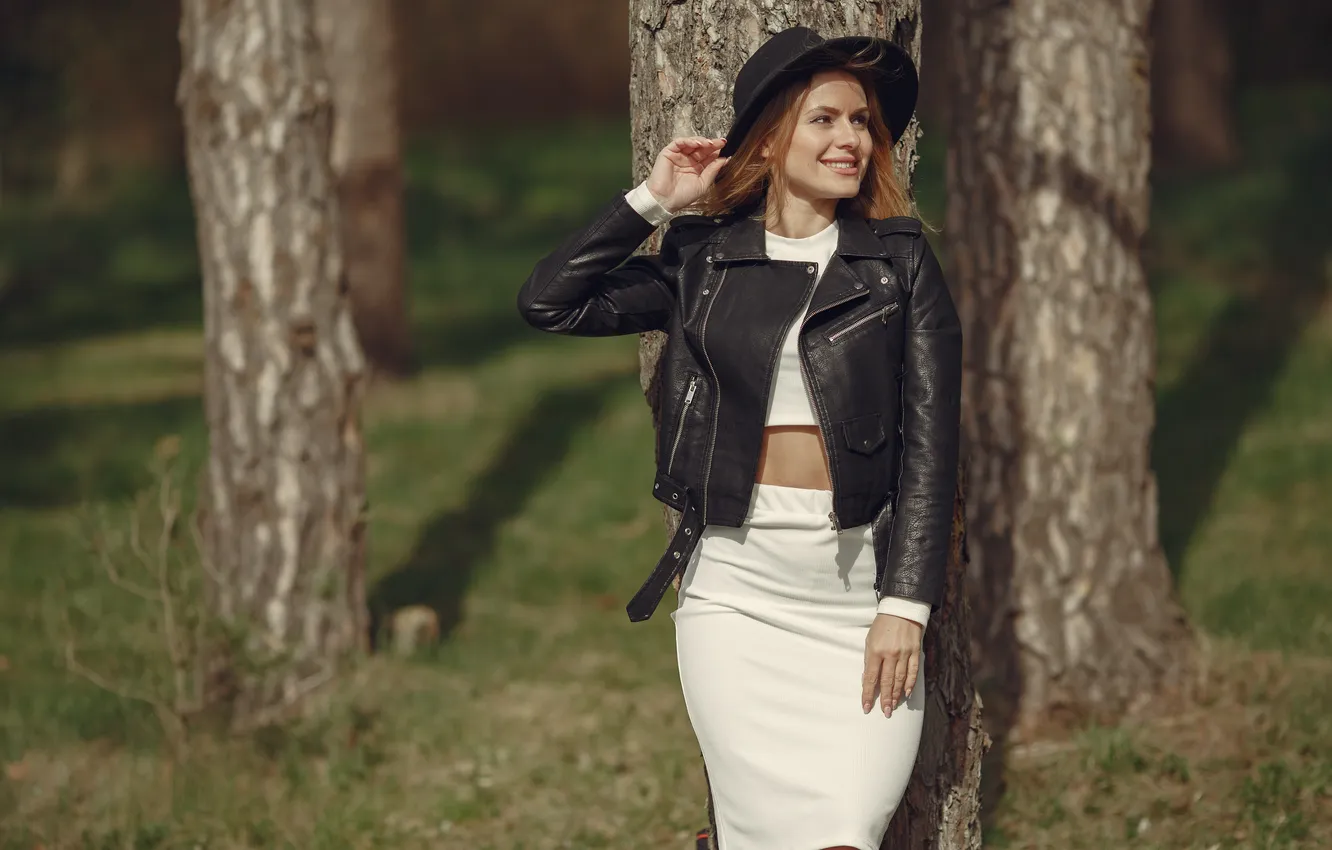 Photo wallpaper forest, woman, spring, elegant, black hat