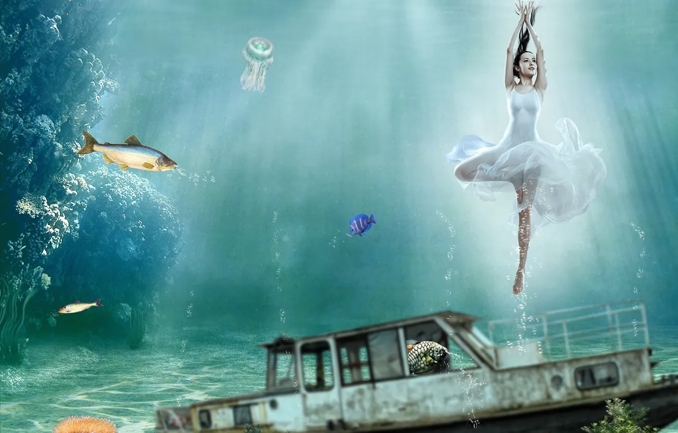 Photo wallpaper girl, fish, fantasy, ballerina, photoart