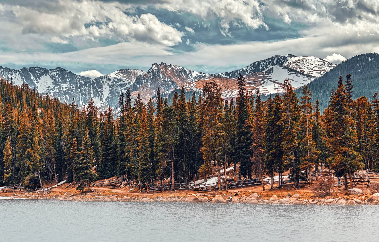 Photo wallpaper autumn, forest, the sky, clouds, snow, mountains, shore, tops