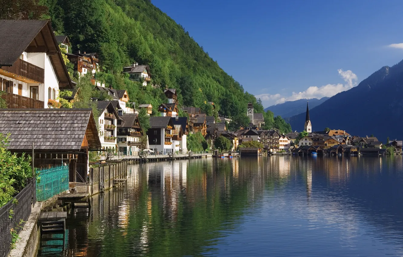 Photo wallpaper Nature, Home, Mountains, The city, Lake, River, Austria, Hallstat