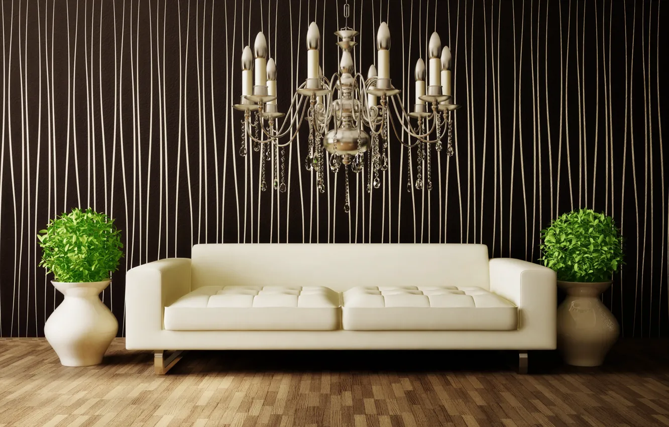 Photo wallpaper flowers, sofa, interior, chandelier, vases, room, interior, modern