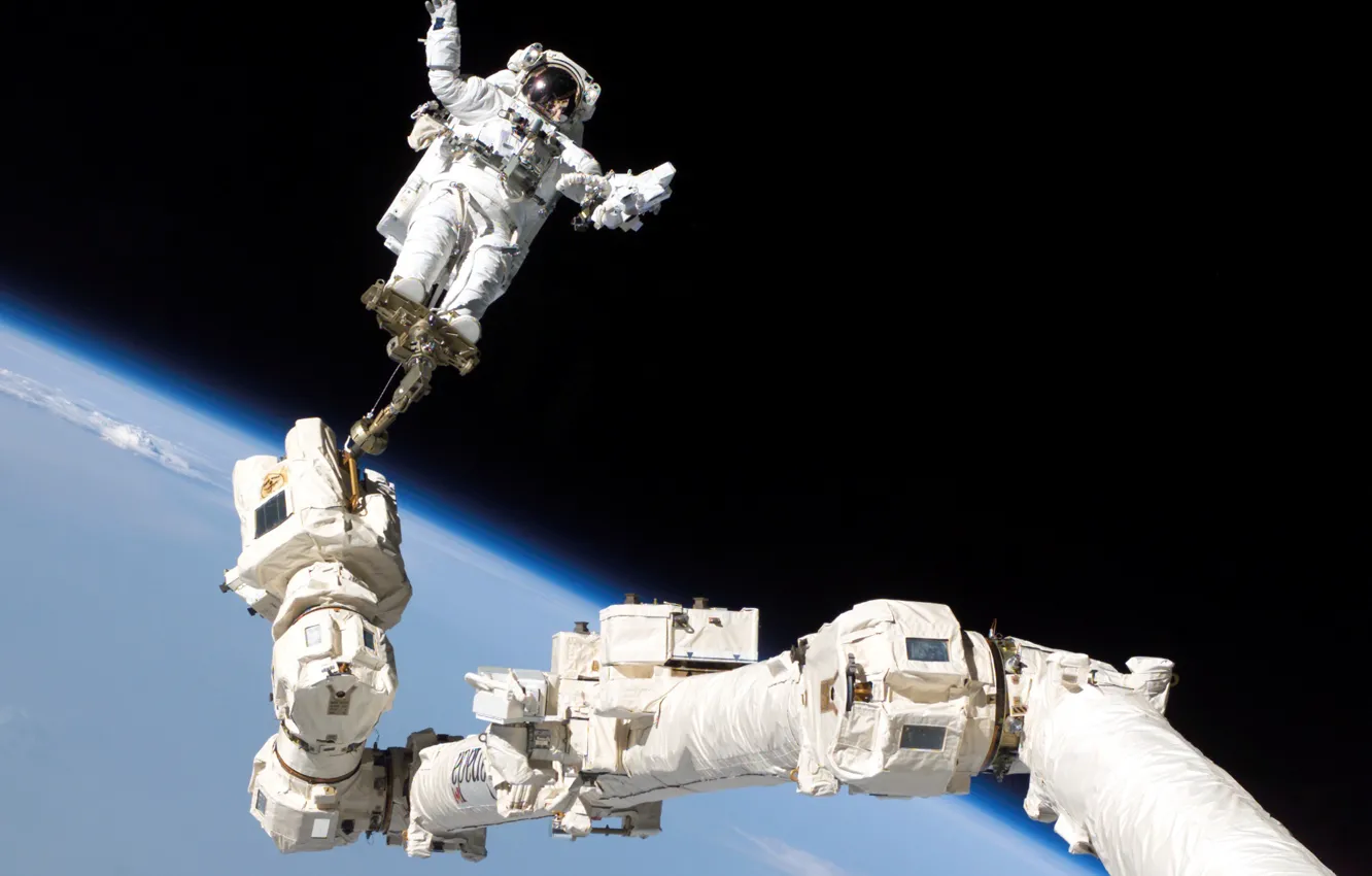 Photo wallpaper space, earth, astronaut, orbit, ISS, astronaut, manipulator