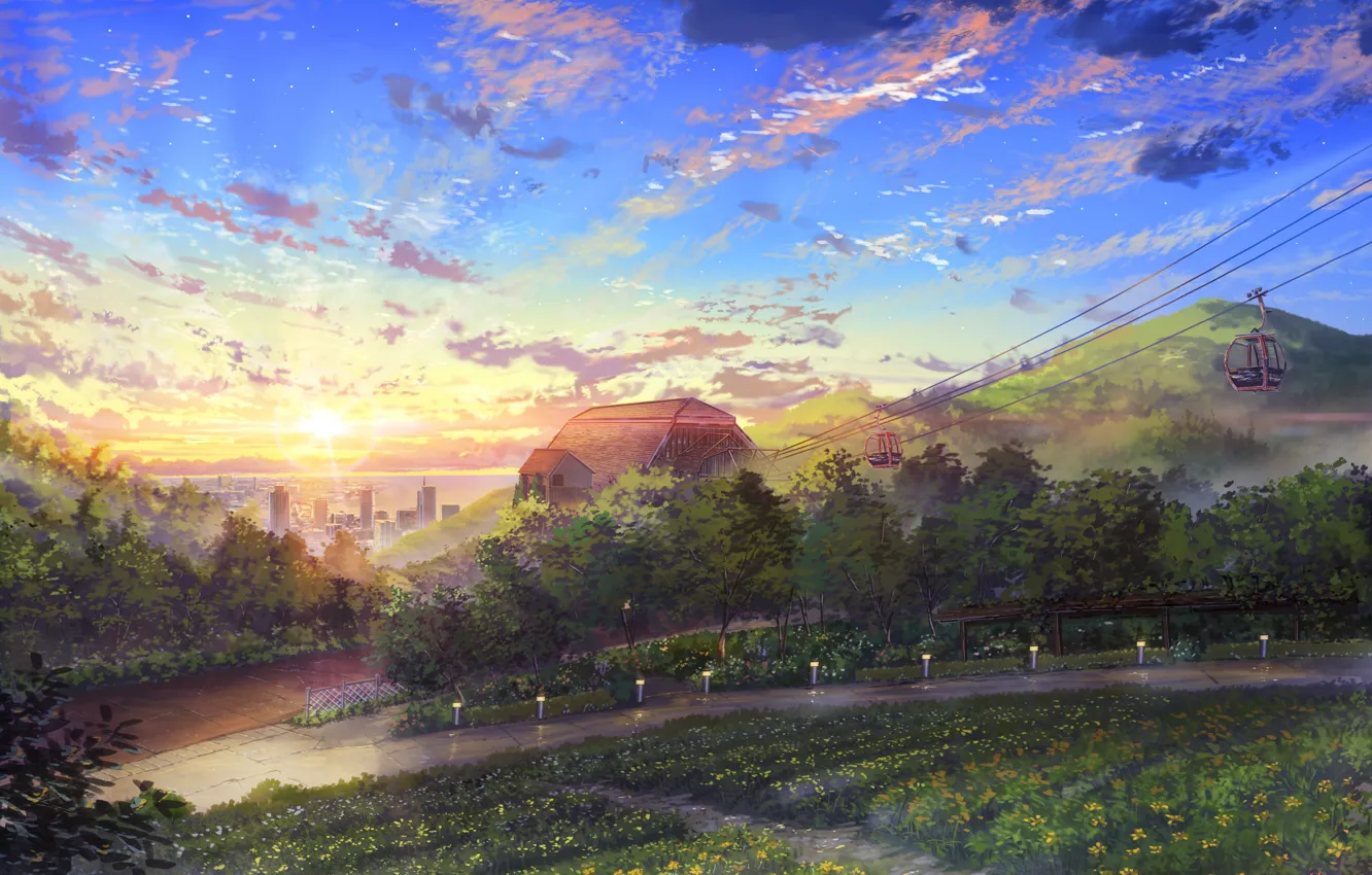 Photo wallpaper the sun, nature, the city, cable car, NIK