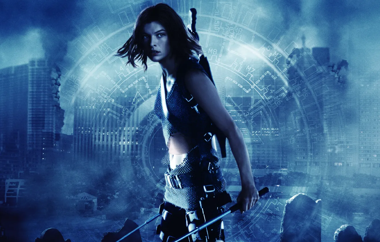 Photo wallpaper home, destruction, Resident evil, Resident Evil, Milla Jovovich, Milla Jovovich, blue tone