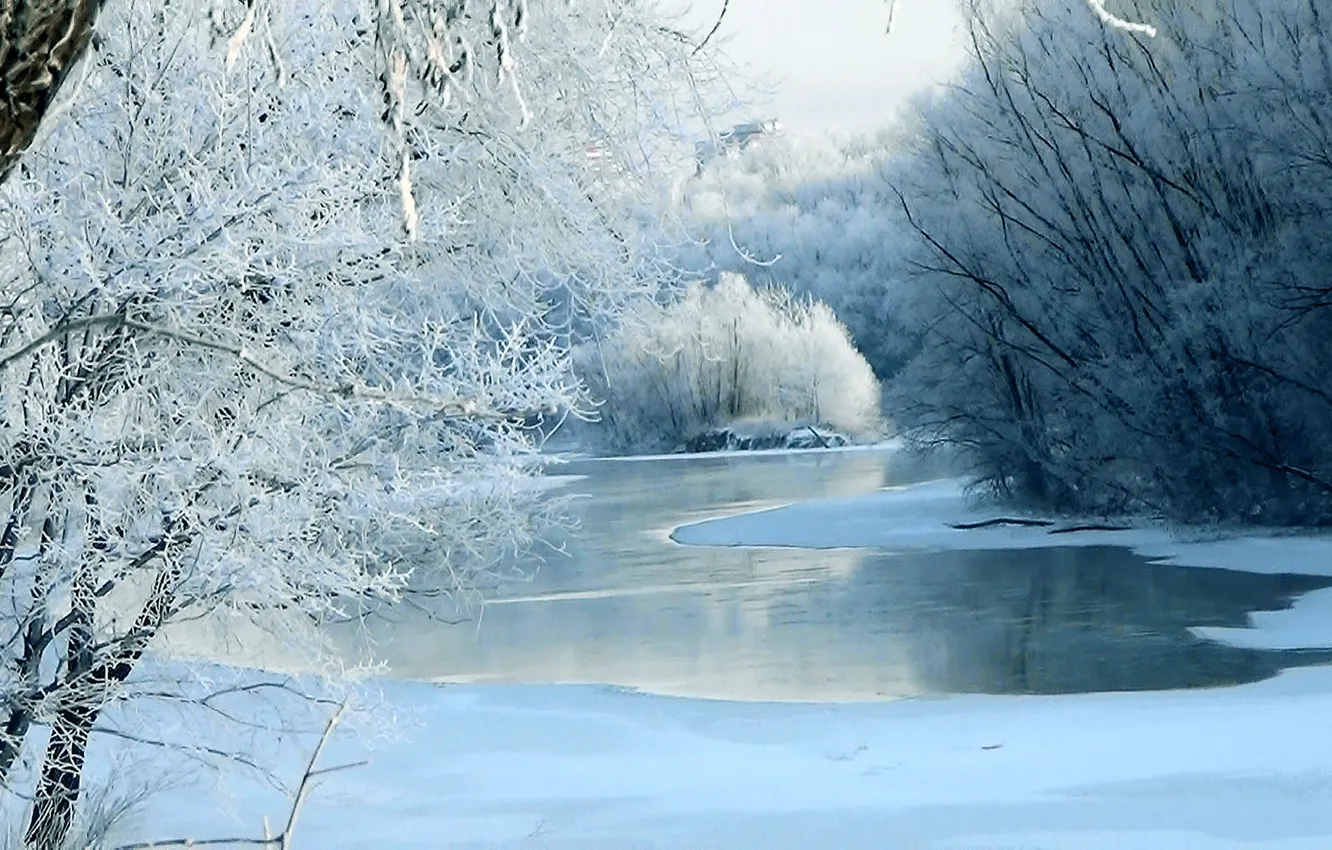 Photo wallpaper winter, frost, snow, ice, River