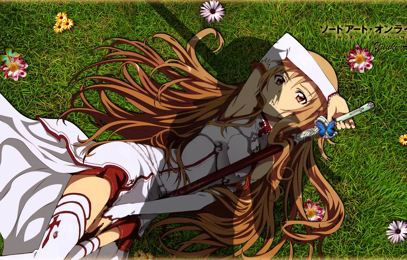 Photo wallpaper grass, girl, flowers, sword, yuuki asuna, sword art online, sao, Yuuki Asuna