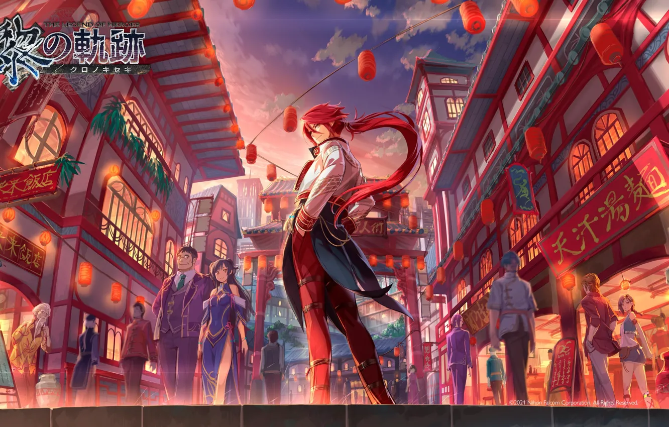 Photo wallpaper lights, signs, characters, red hair, sideways, torii gate, The Legend of Heroes, city street