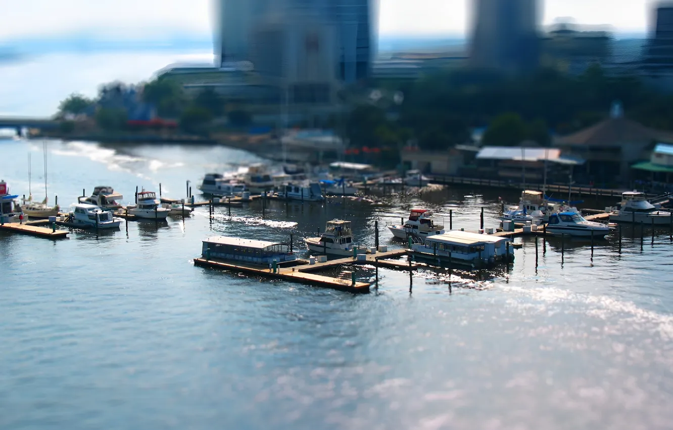 Photo wallpaper yacht, pier, tilt shift