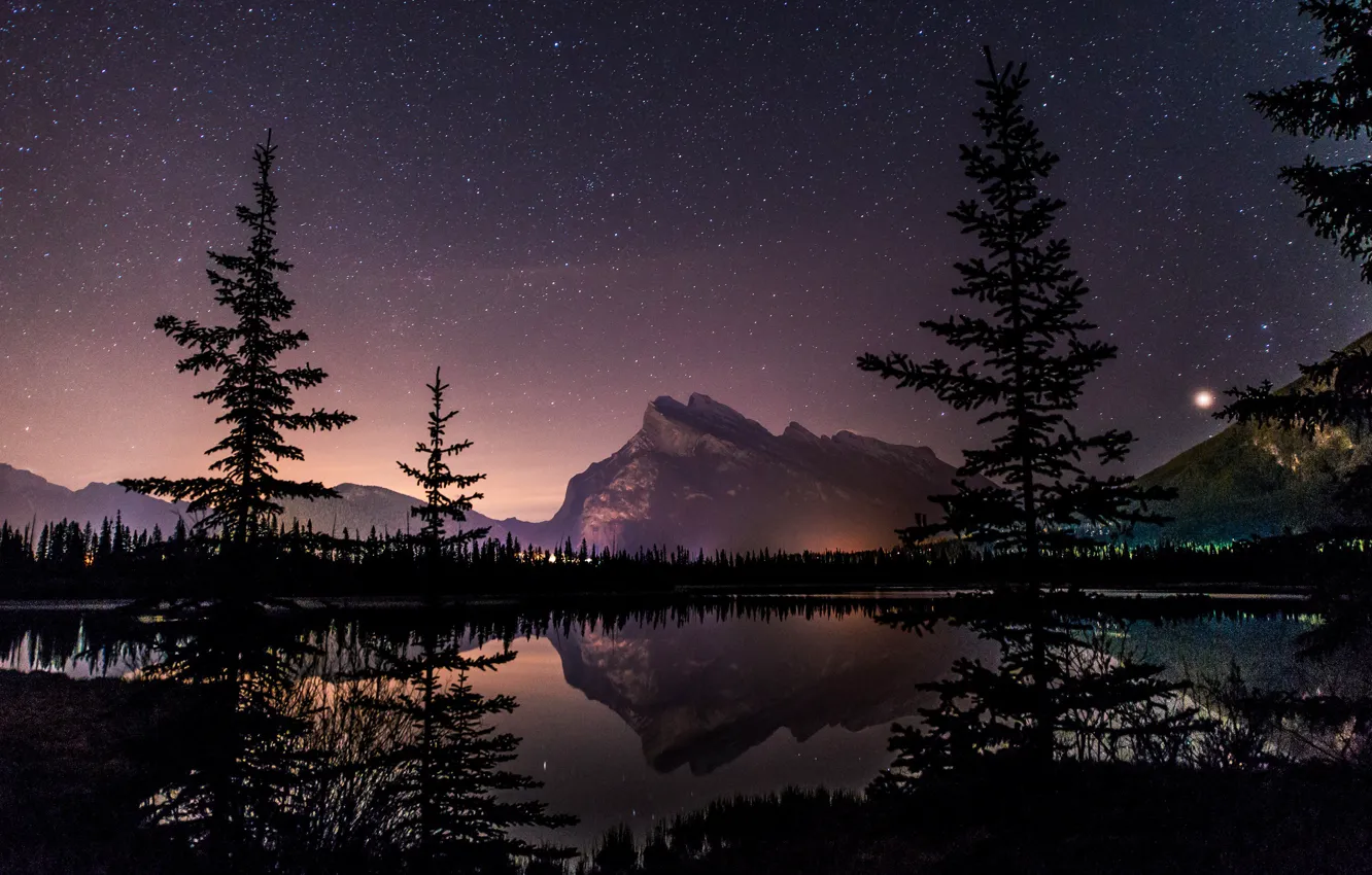 Photo wallpaper Alberta, Canada, trees, landscape, night, lake, stars, mirror