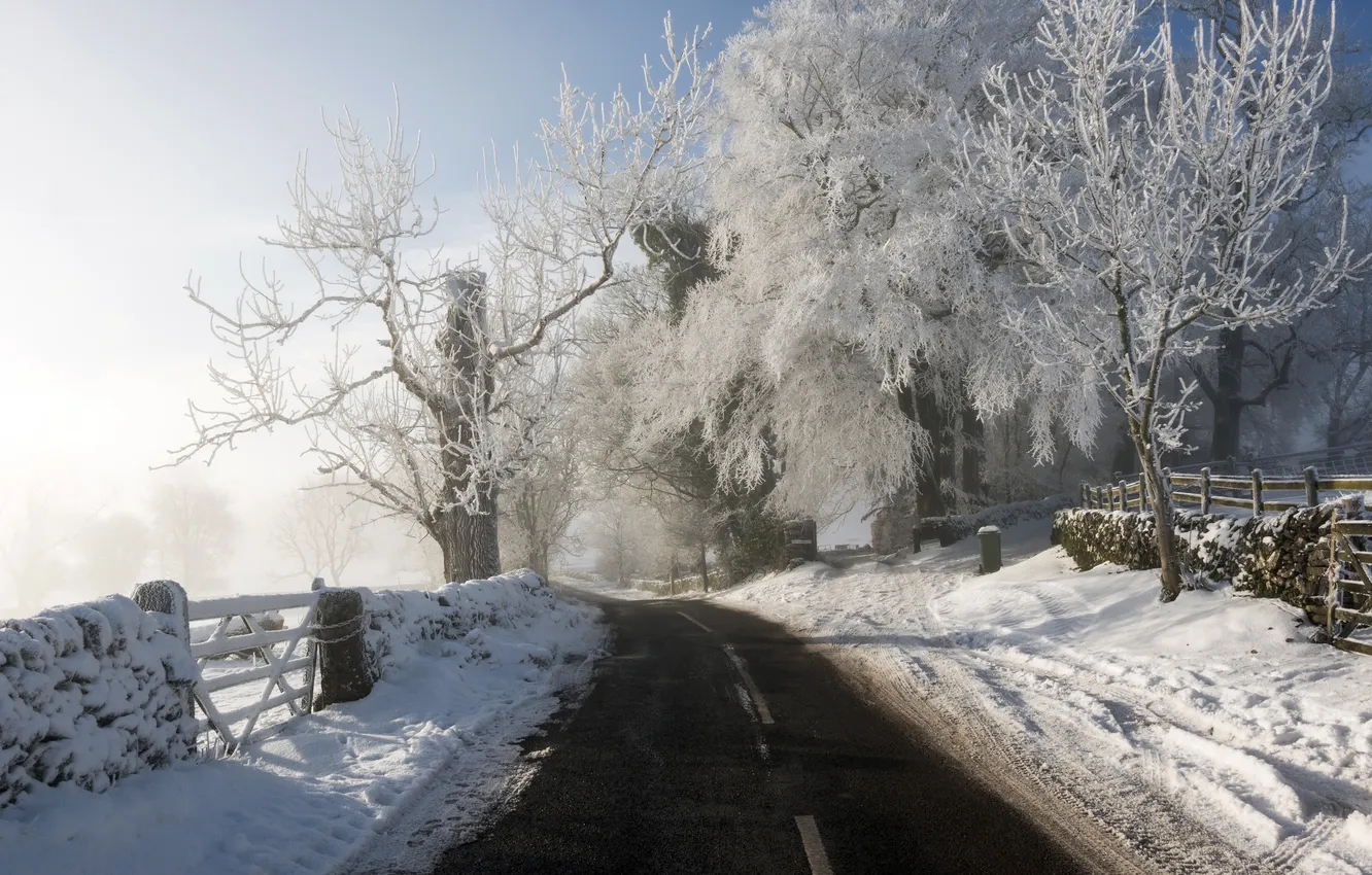Photo wallpaper road, winter, England, Staffordshire Moorlands, Alstonefield