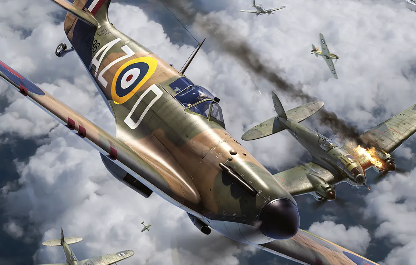Photo wallpaper Supermarine Spitfire, Battle of Britain, Luftwaffe, RAF, British fighter, Heinkel He 111, German medium bomber, …