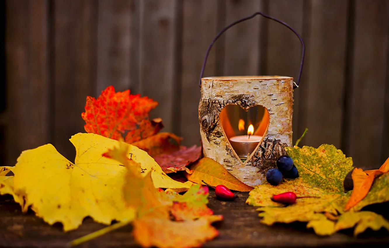 Photo wallpaper autumn, leaves, love, flame, heart, lamp, lantern, flame