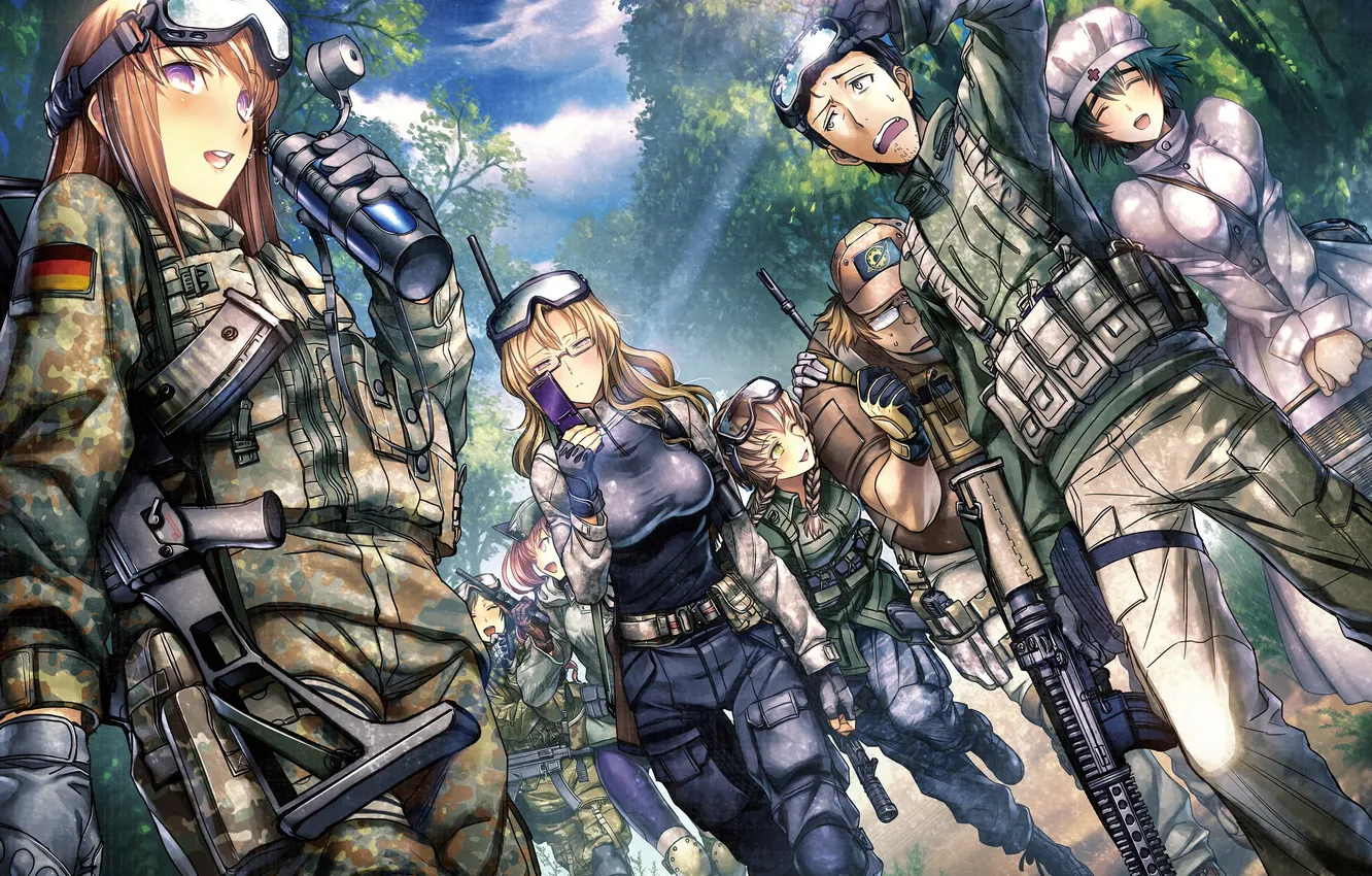 Photo wallpaper forest, look, girl, joy, weapons, heat, indifference, guy