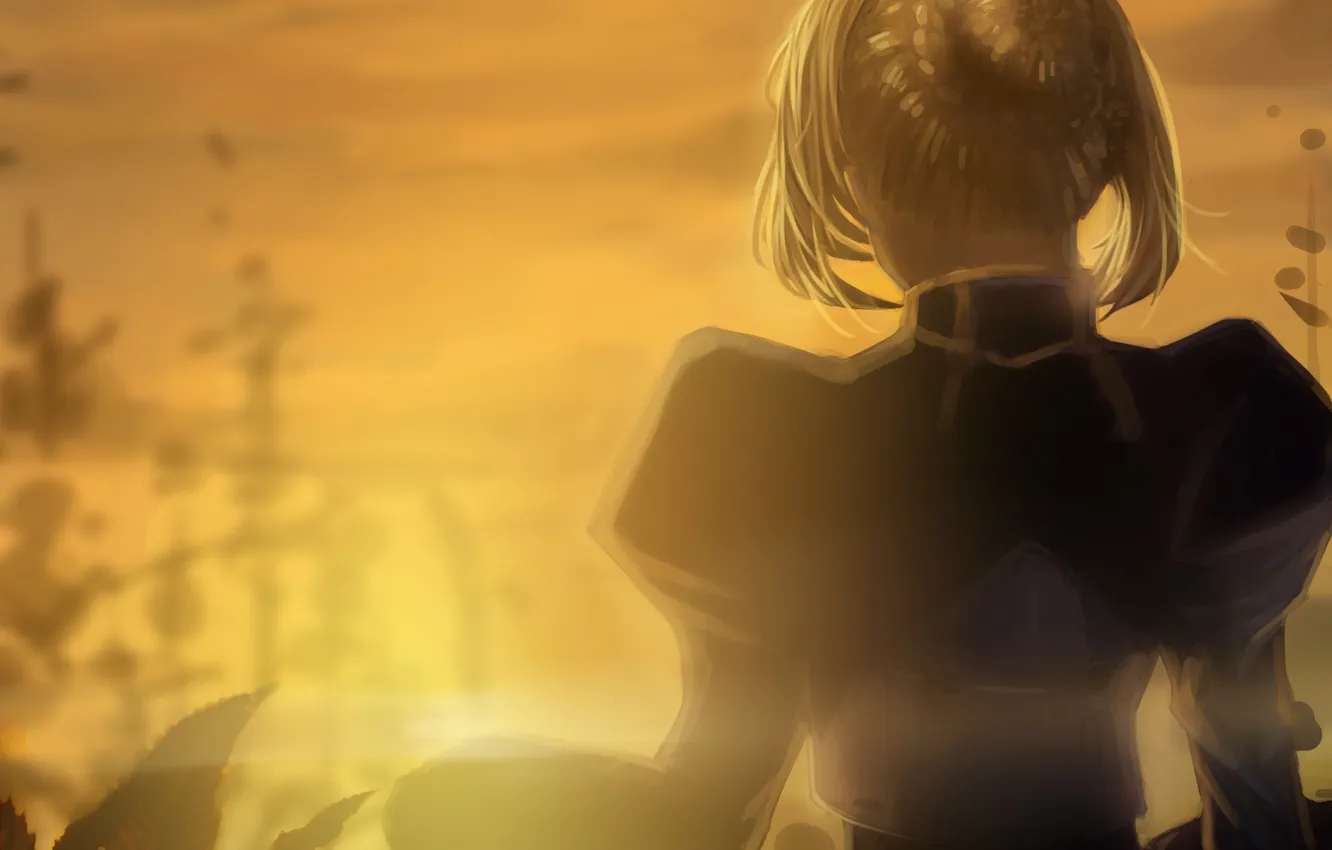 Photo wallpaper girl, the sun, sunset, sword, anime, art, Fate Stay Night, saber