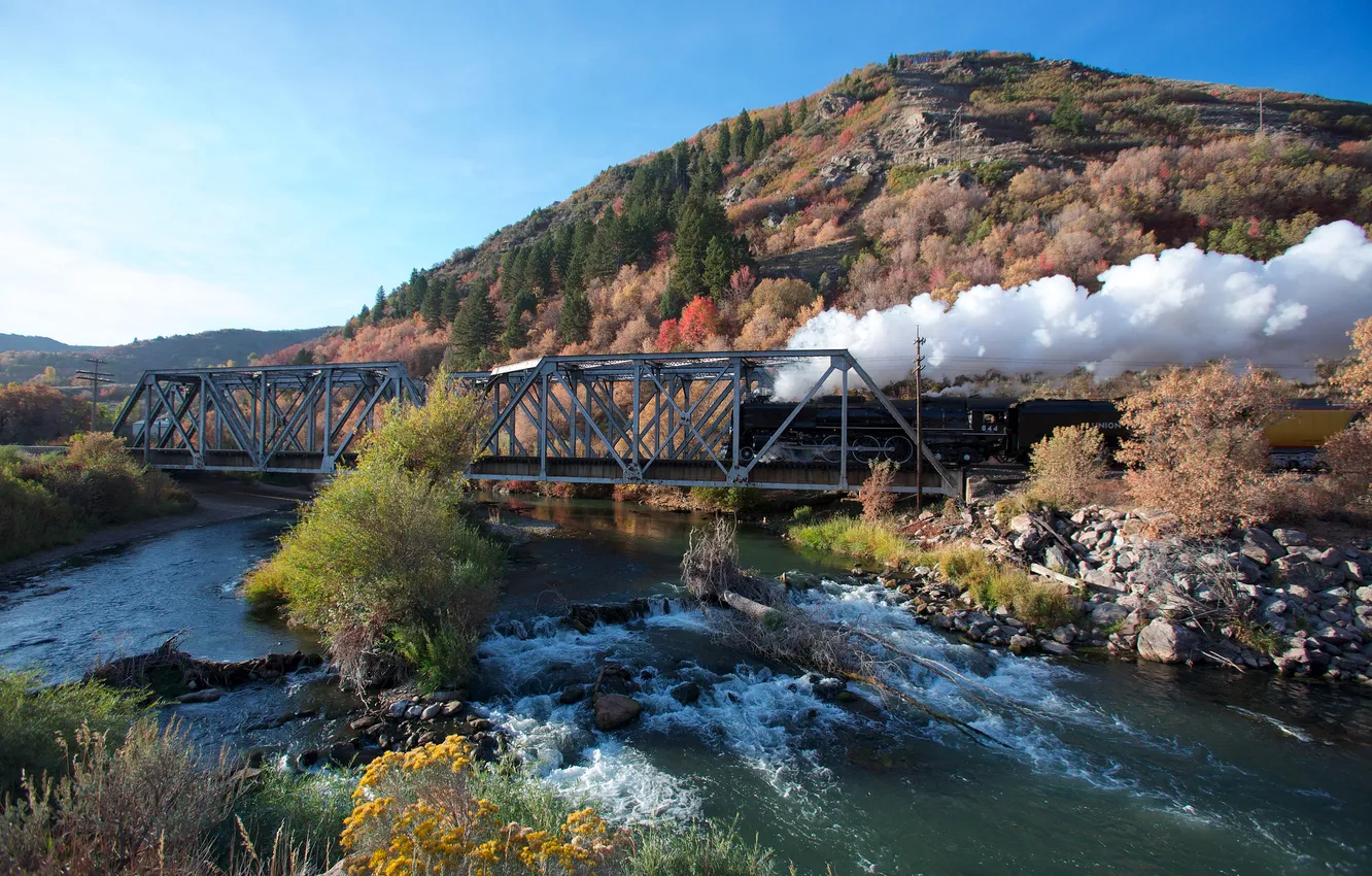 Photo wallpaper the sky, mountains, bridge, river, smoke, the engine