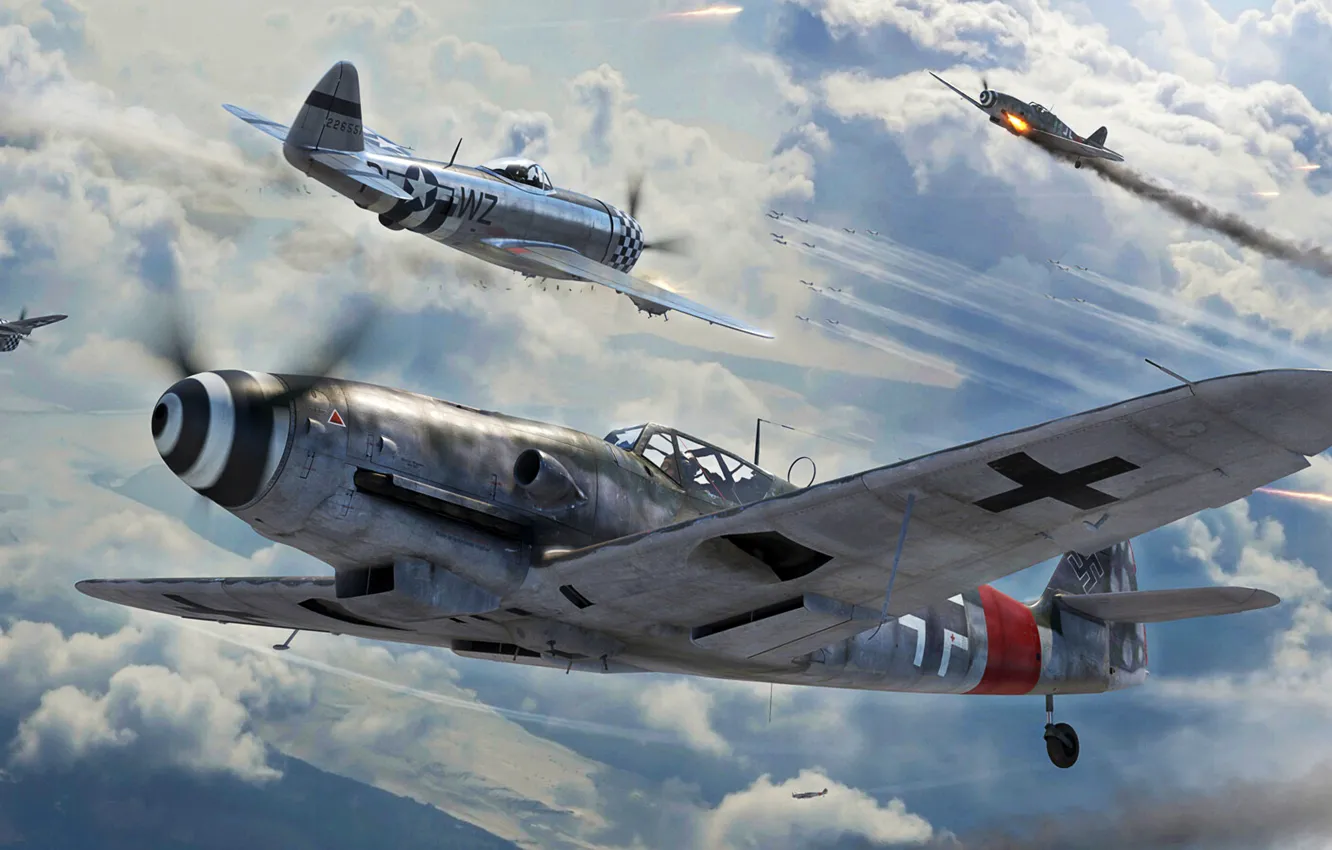 Photo wallpaper Fighter, Thunderbolt, USAF, Bf-109, Air force, Bf.109G-10, P-47D
