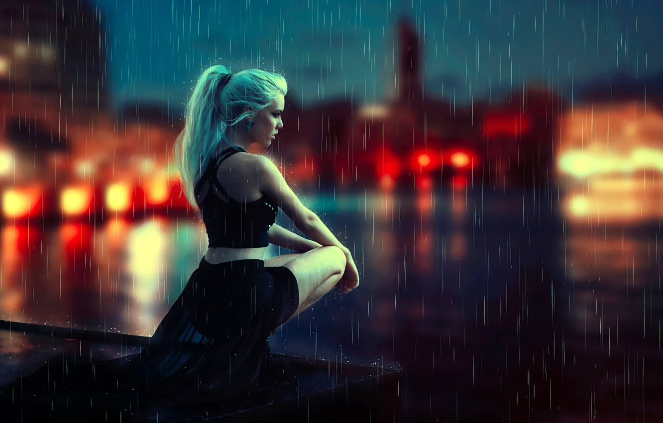 Photo wallpaper girl, night, rain, mood, squat