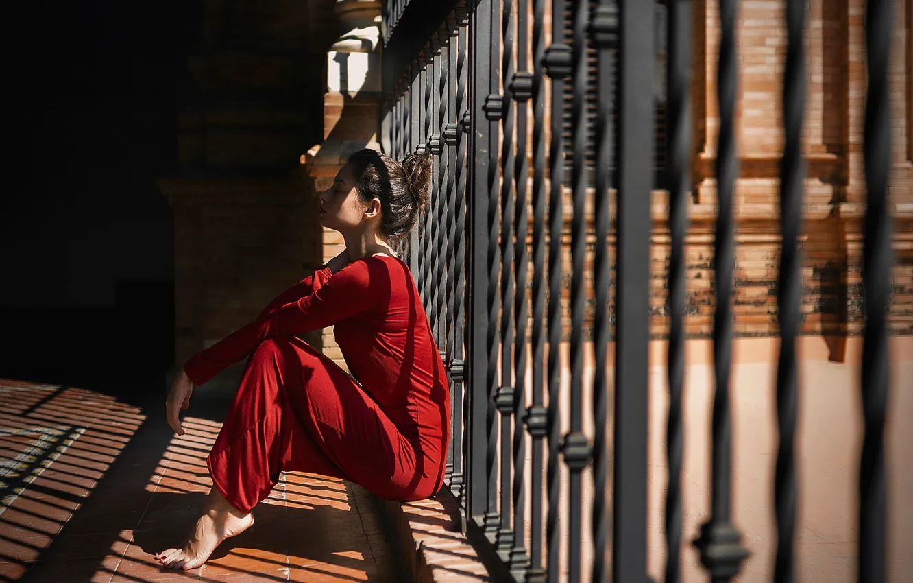Photo wallpaper girl, pose, mood, shadow, fence, red dress, Claudia Guerrero Pascual