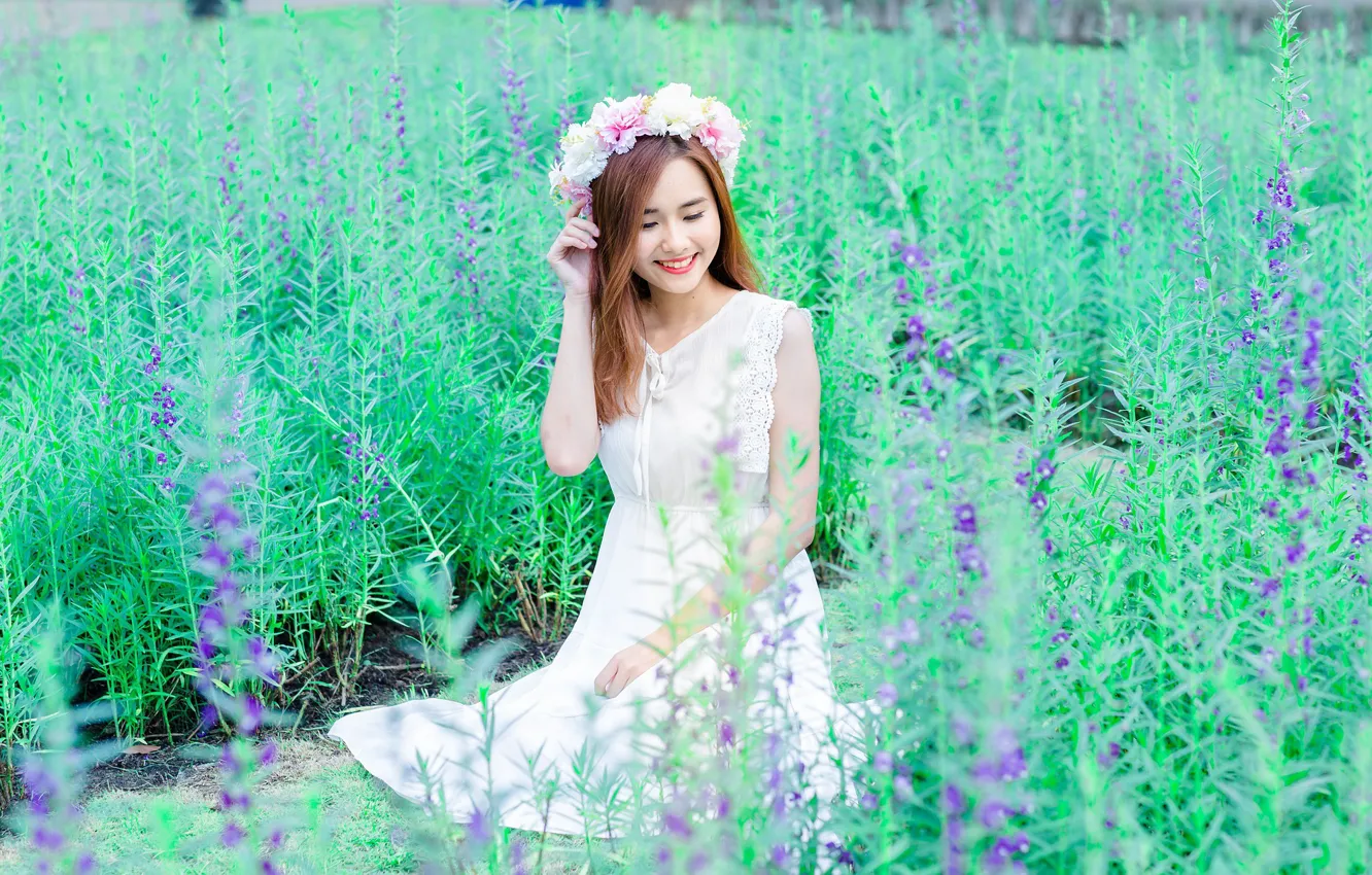 Photo wallpaper summer, flowers, smile, green grass, positive, summer, Asian, smile