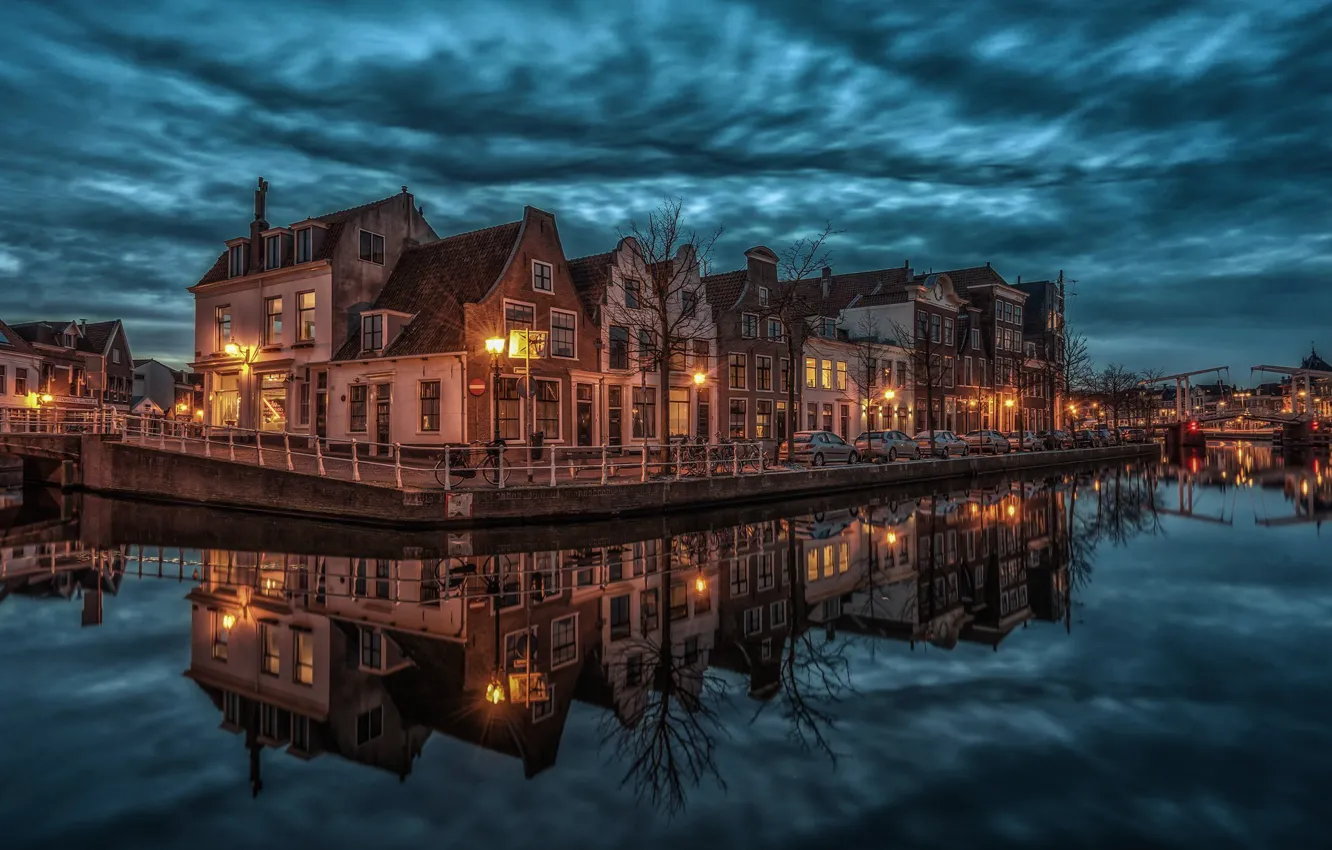 Photo wallpaper clouds, the city, reflection, building, home, the evening, lighting, lights