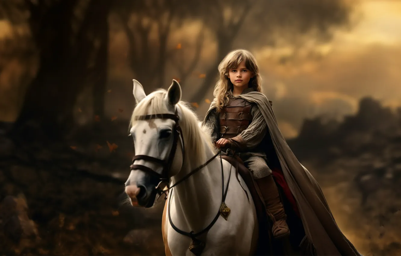 Photo wallpaper autumn, forest, white, horse, horse, boy, fantasy, rider
