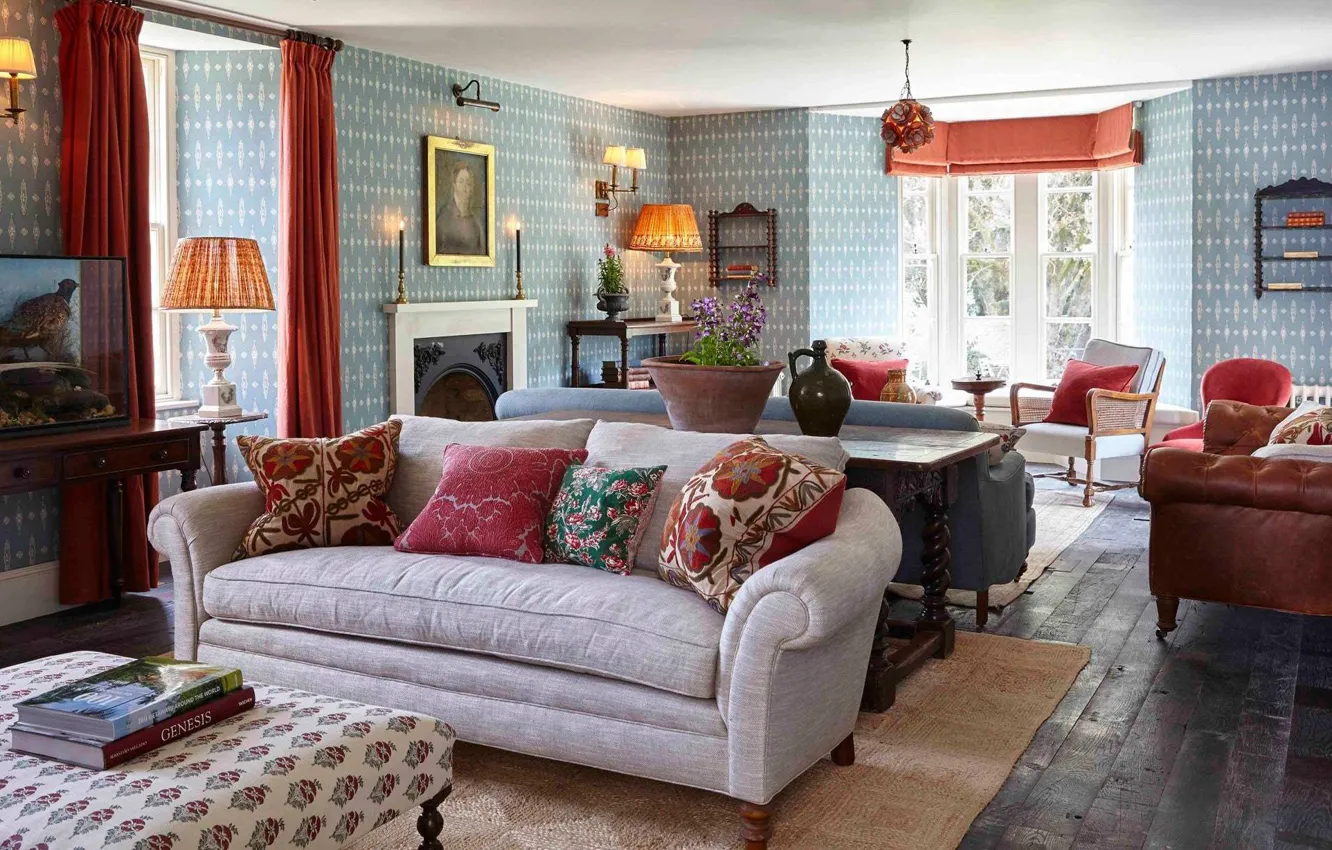 Photo wallpaper design, style, interior, fireplace, cozy living room, Soho farmhouse