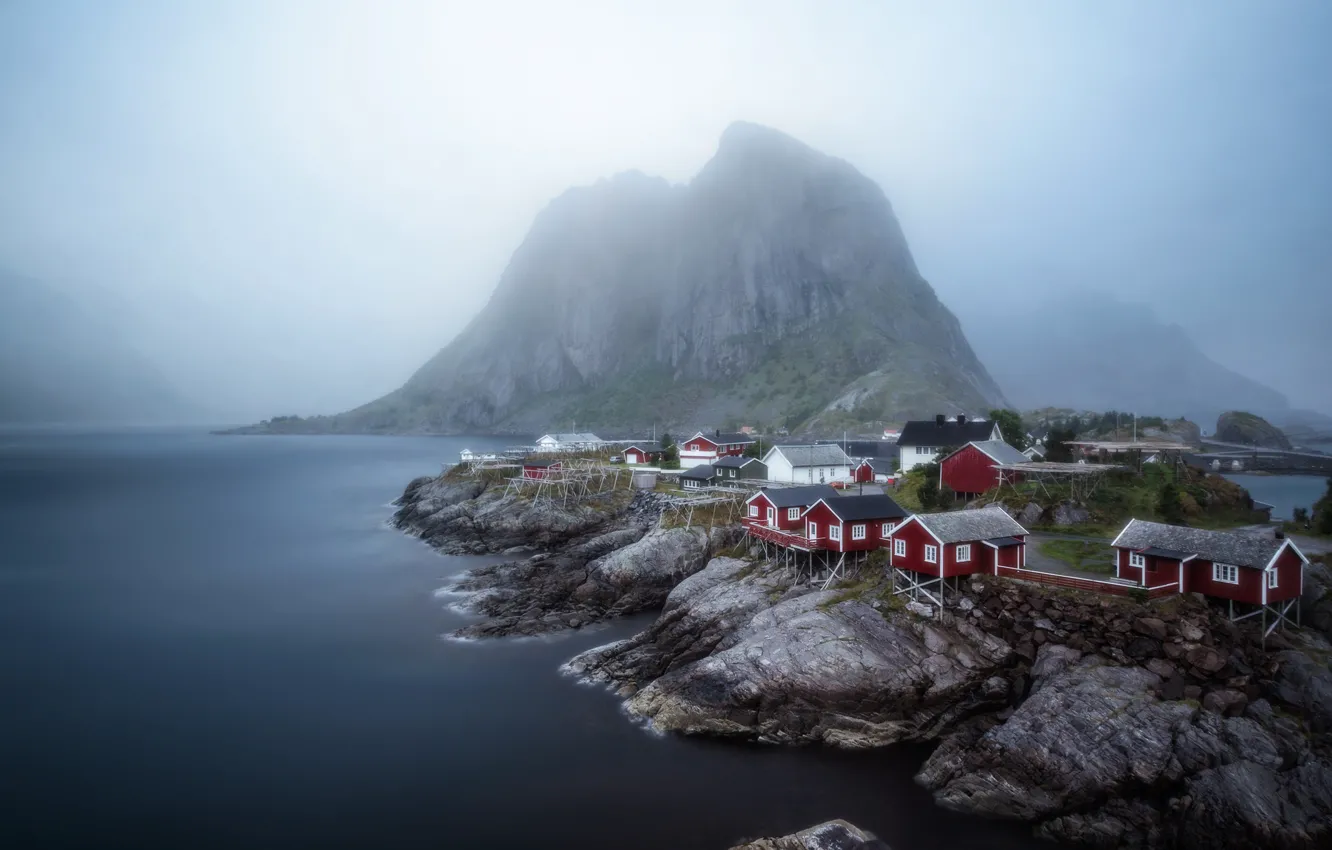 Photo wallpaper mountains, fog, morning, house, Lofoten