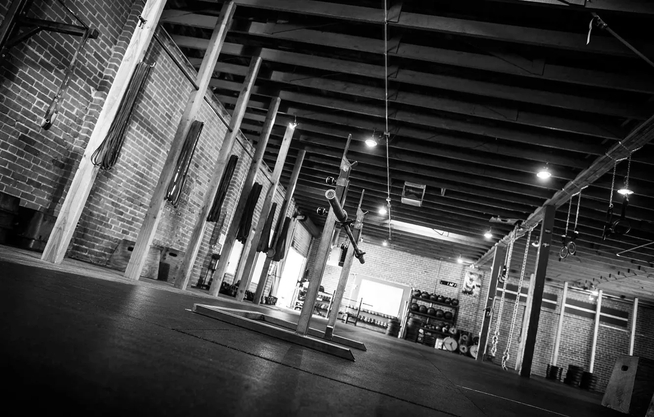 Photo wallpaper black & white, sport, hall, motivation, trainer, training, gym, gym