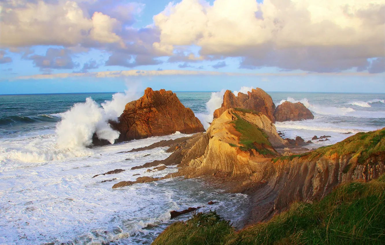 Photo wallpaper sea, wave, the sky, squirt, storm, rocks, shore
