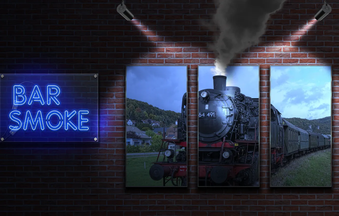 Photo wallpaper steam locomotive, neon sign, bar smoke, my works