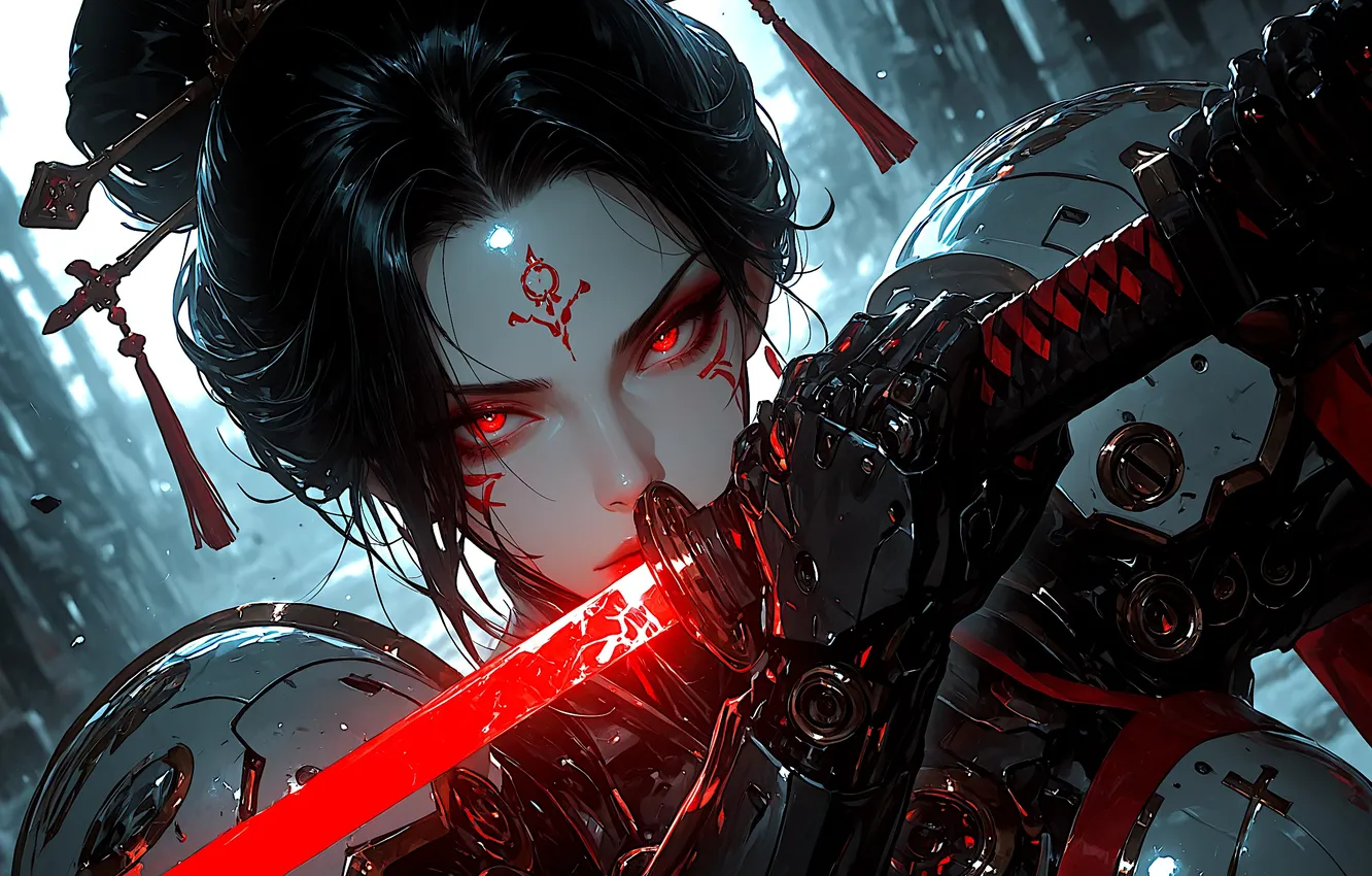 Photo wallpaper girl, sword, fantasy, armor, red eyes, katana, digital art, artwork