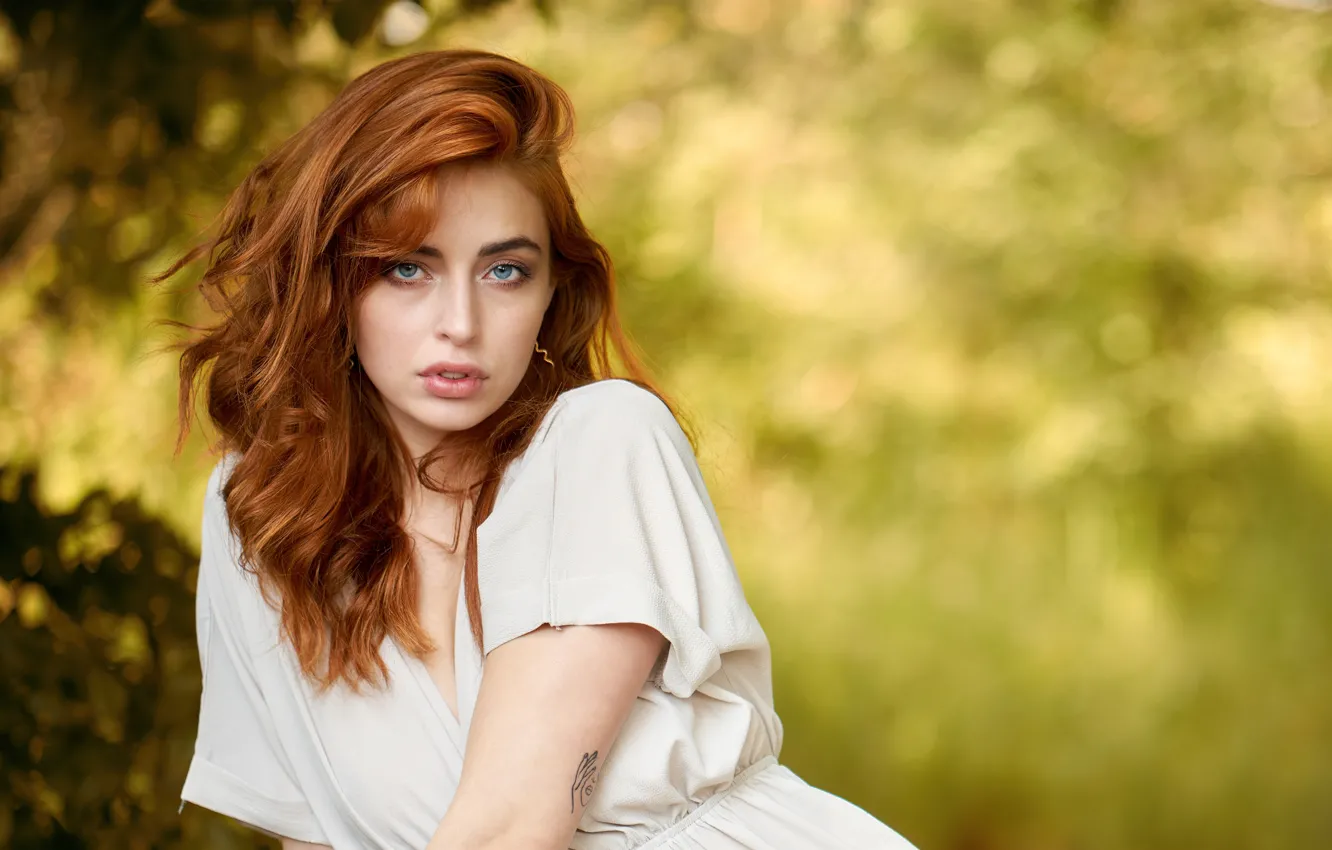 Photo wallpaper green, girl, Sarah, blue eyes, bokeh, look, Red hair, Sarah S.