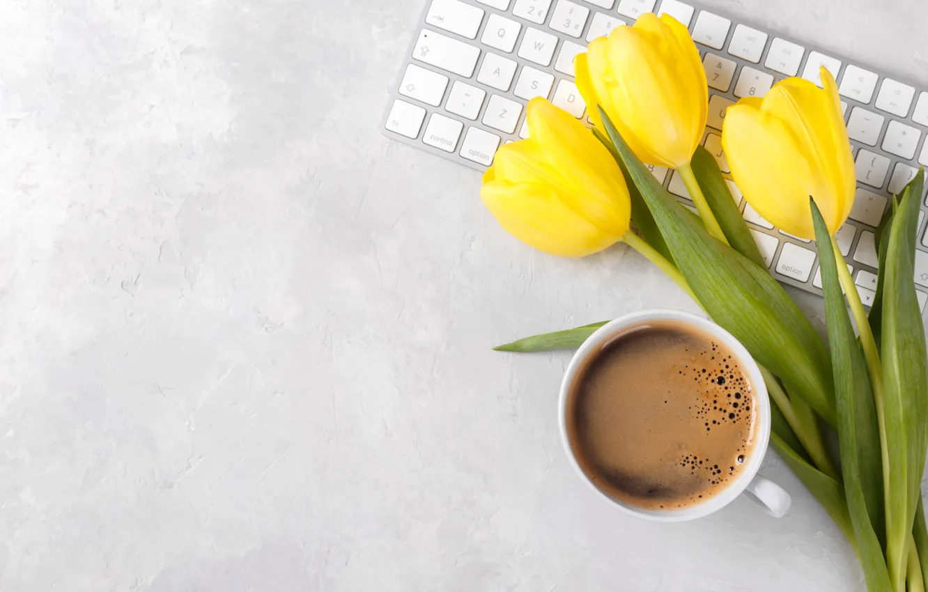 Photo wallpaper flowers, bouquet, colorful, tulips, yellow, flowers, tulips, coffee cup