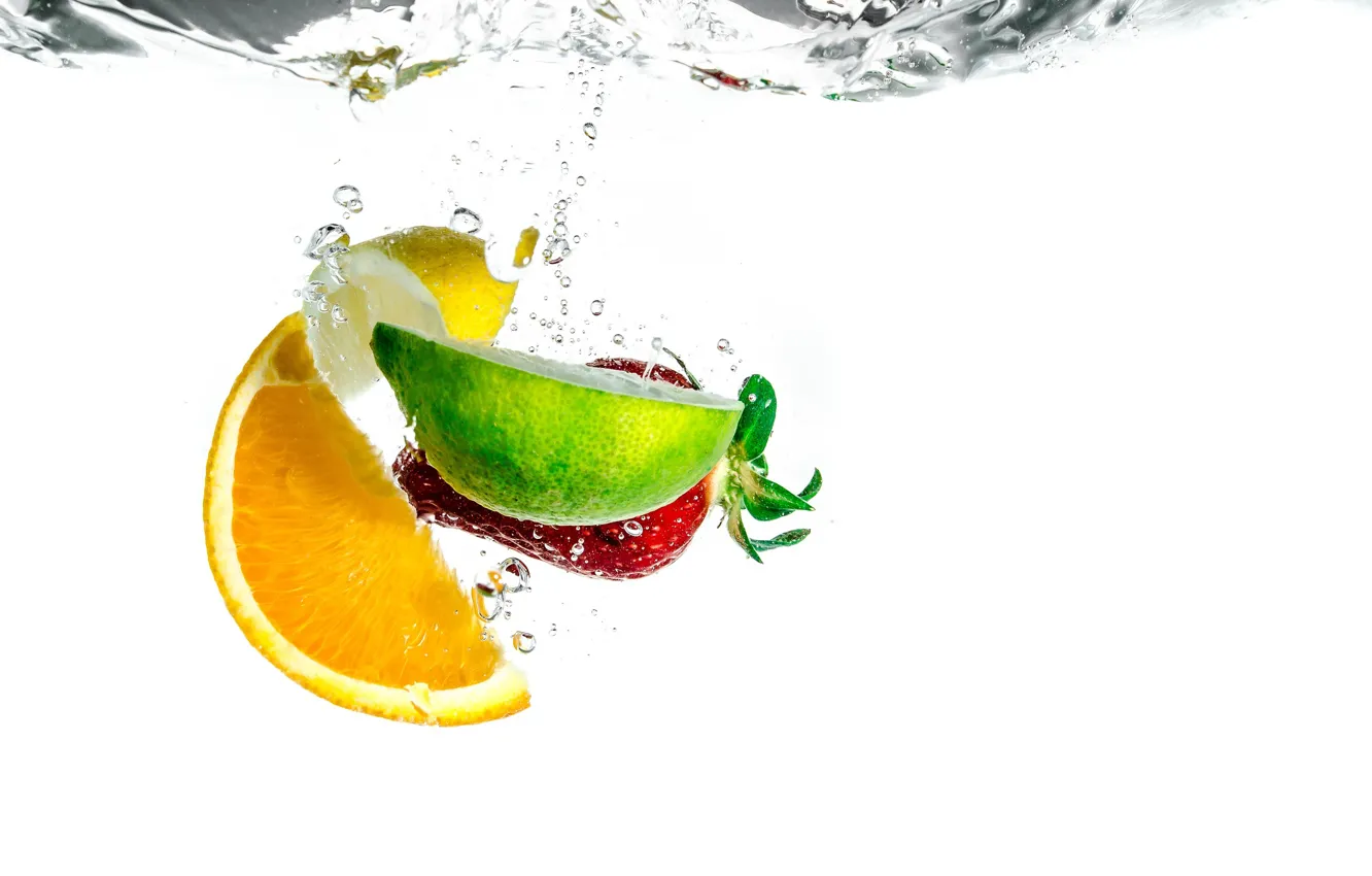 Photo wallpaper lemon, water, orange, splash, strawberry, fruits