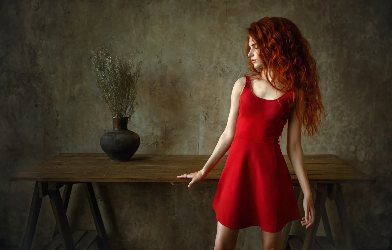 Photo wallpaper look, girl, pose, photo, hair, dress, red, Albert Forest