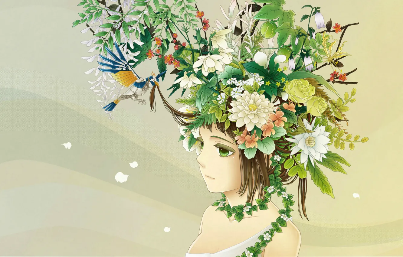 Photo wallpaper girl, bouquet, profile, bird, ame, art, green eyes