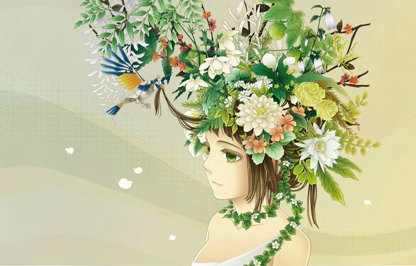 Photo wallpaper girl, bouquet, profile, bird, art, green eyes, AME