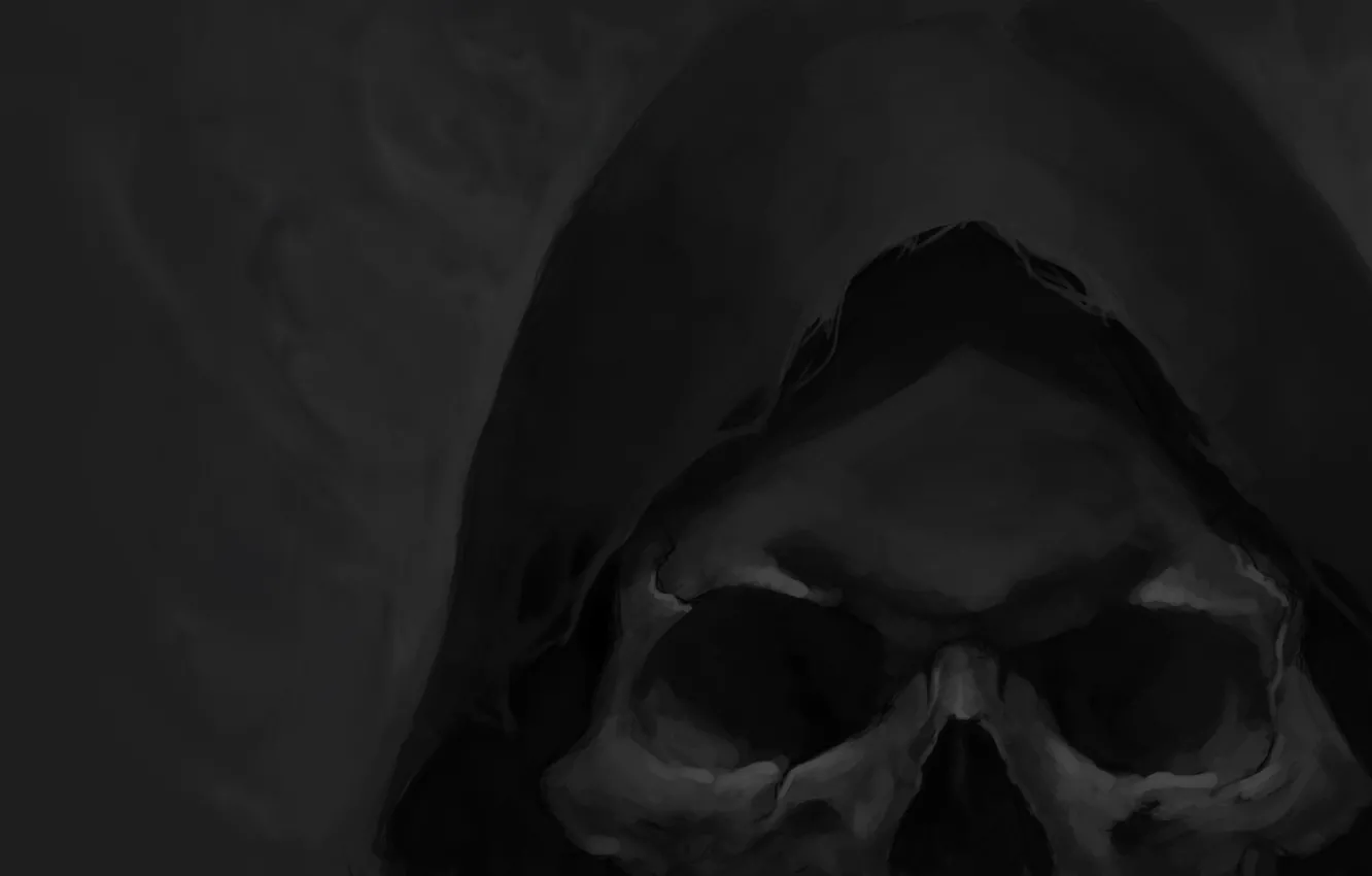 Photo wallpaper skull, head, art, hood, grey background, gloomy