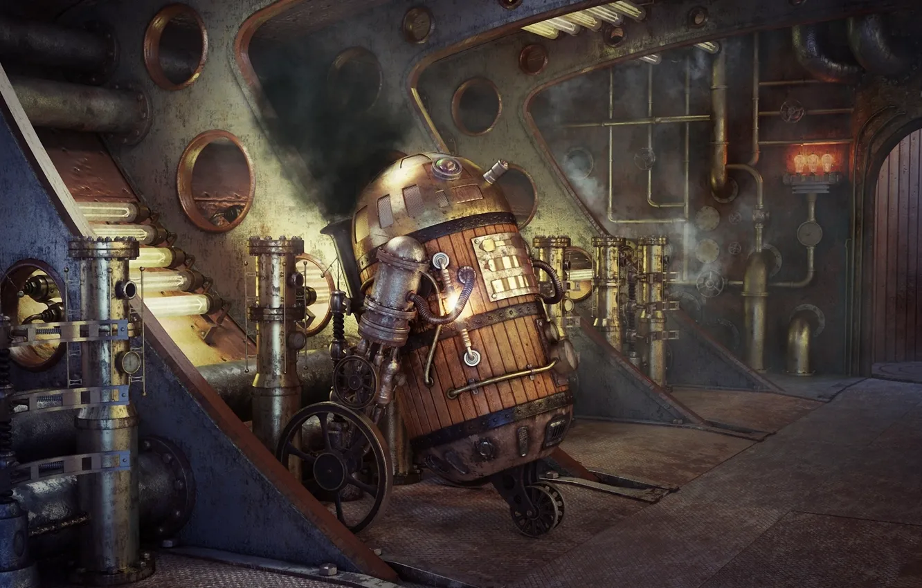 Photo wallpaper pipe, smoke, robot, Star Wars, art, R2D2, steampunk