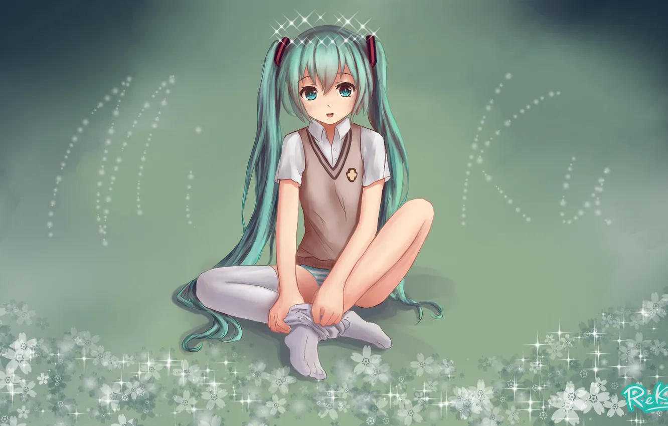 Photo wallpaper look, girl, smile, vocaloid, hatsune miku, sitting, Vocaloid, art