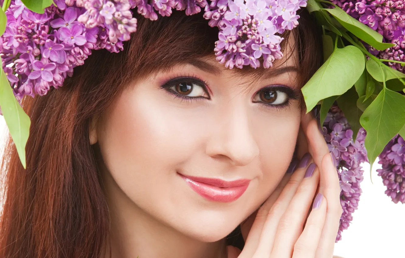 Photo wallpaper girl, smile, brown hair, lilac, brown-eyed