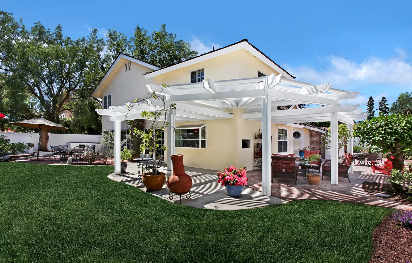 Photo wallpaper the sky, the sun, clouds, trees, flowers, design, lawn, the fence