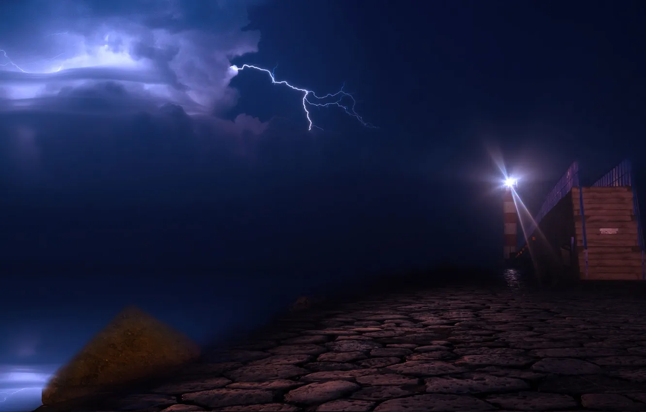 Photo wallpaper sea, the storm, the sky, light, night, lightning, France, lighthouse