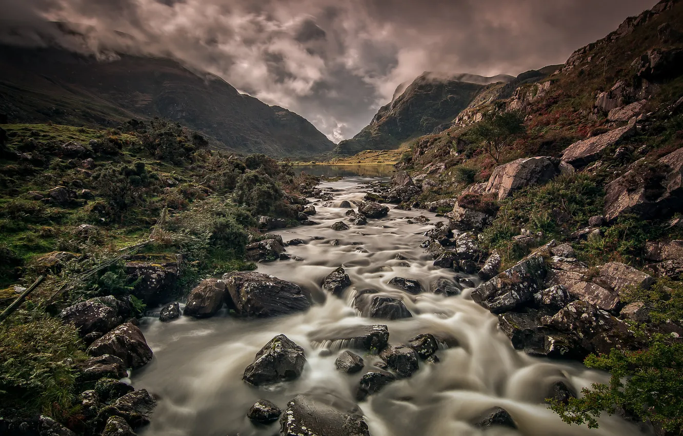 Photo wallpaper mountains, stream, stones, river, Ireland, Ireland, Gap of Dunloe, Pass