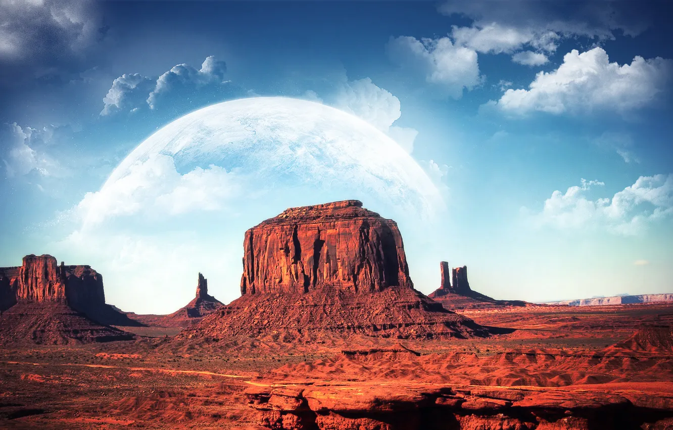 Photo wallpaper clouds, mountains, planet, Monument Valley