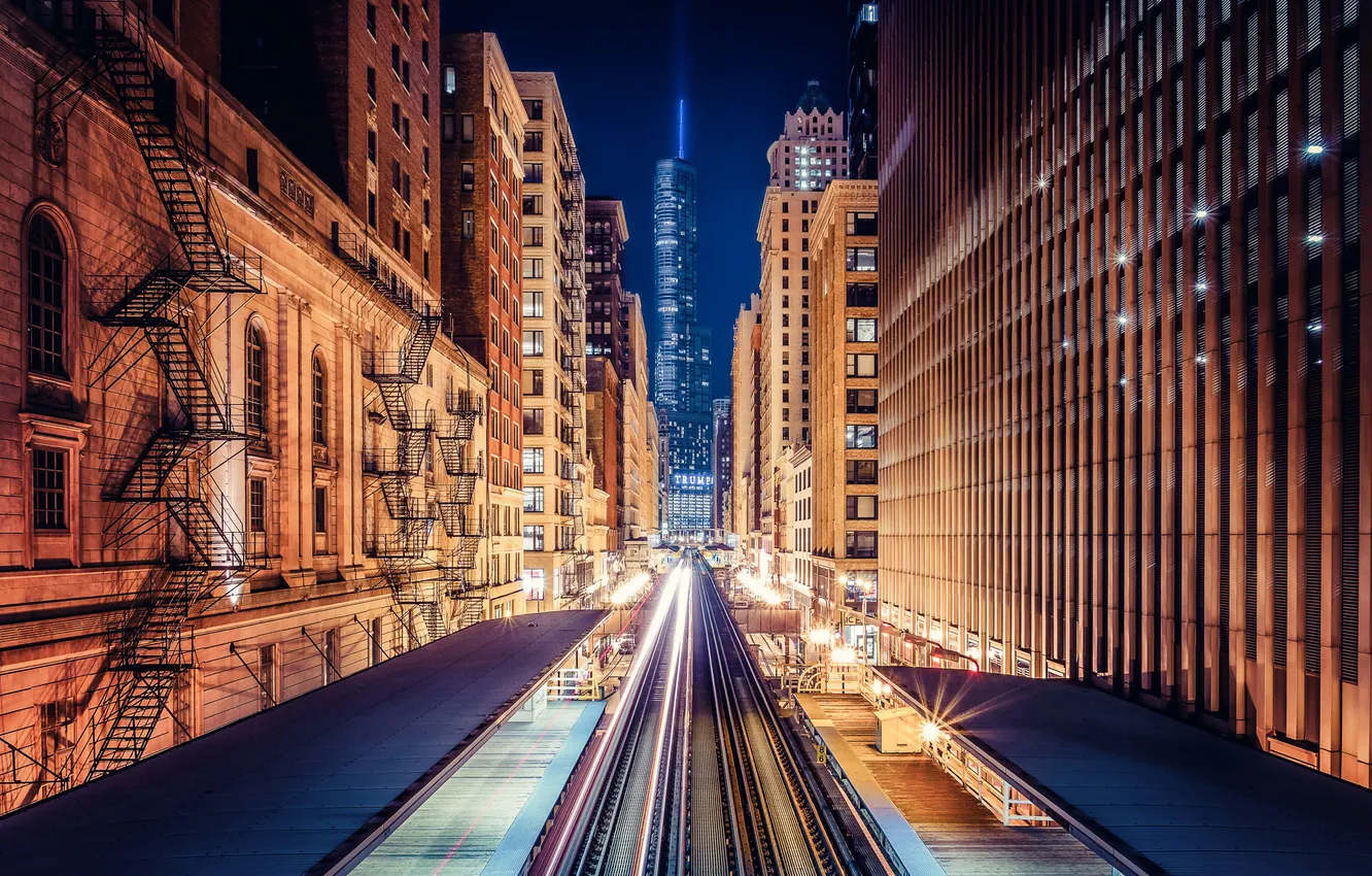 Photo wallpaper night, lights, the evening, excerpt, trains, USA, the city of Chicago