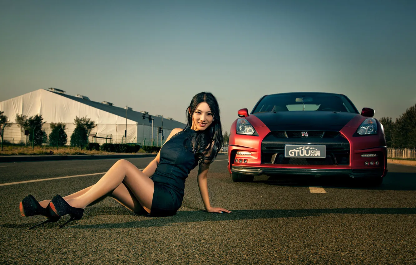 Photo wallpaper machine, auto, girl, model, Asian, car, nissan GT-R, korean model