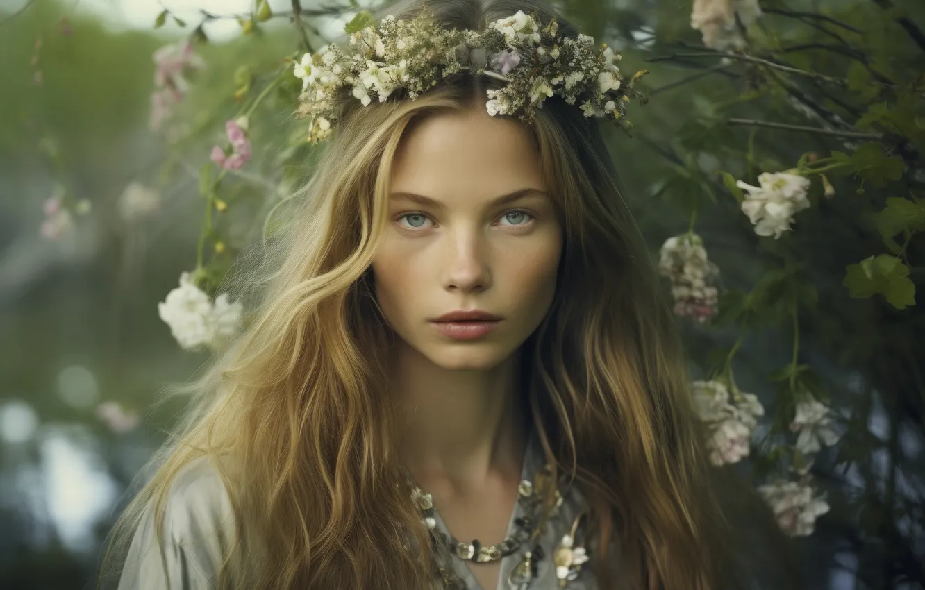 Photo wallpaper look, girl, flowers, hair, brown hair, digital art, AI art, The Art of Artificial Intelligence