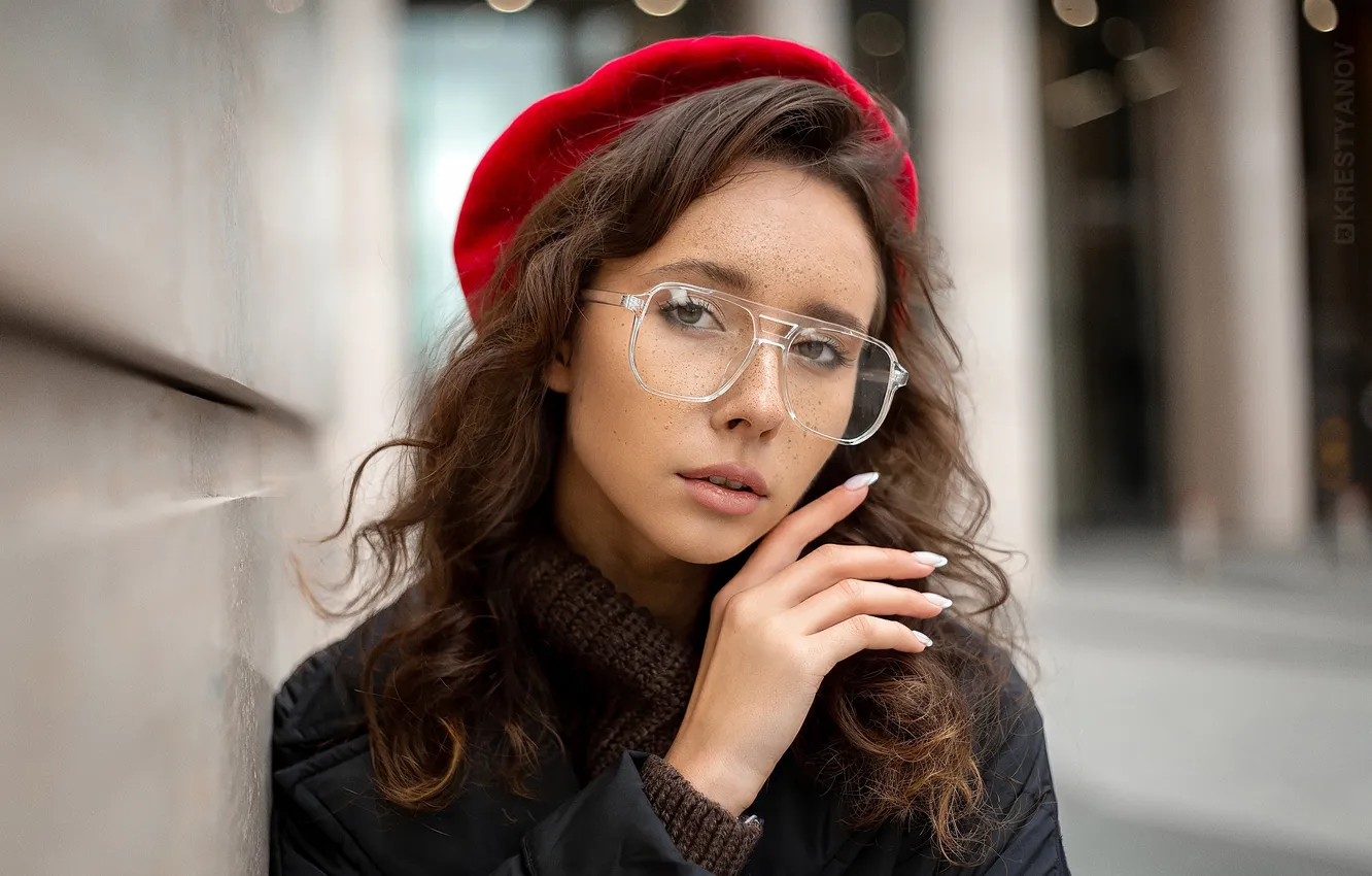 Photo wallpaper look, girl, face, pose, hair, hand, portrait, glasses